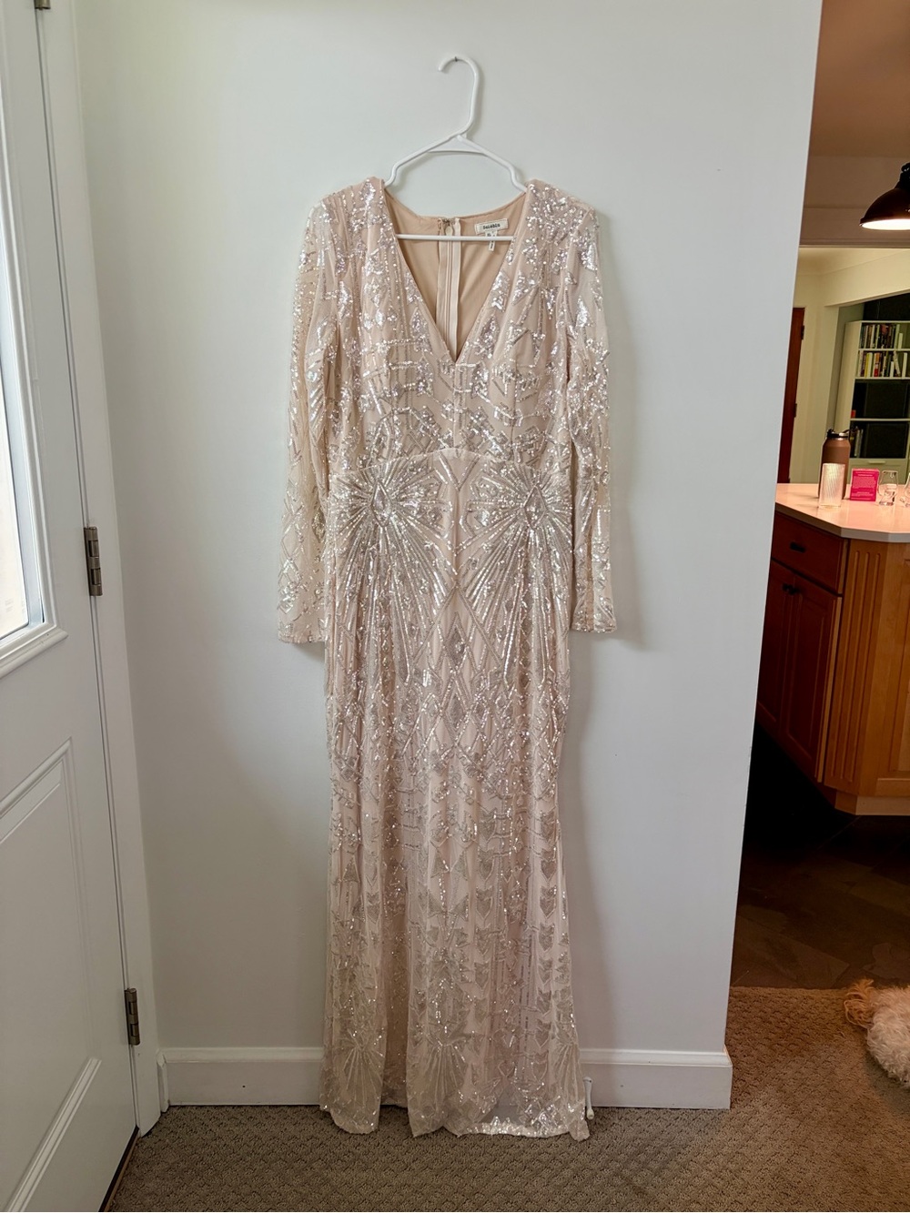 Soieblu Long Sleeve Sequin Gown in Champagne